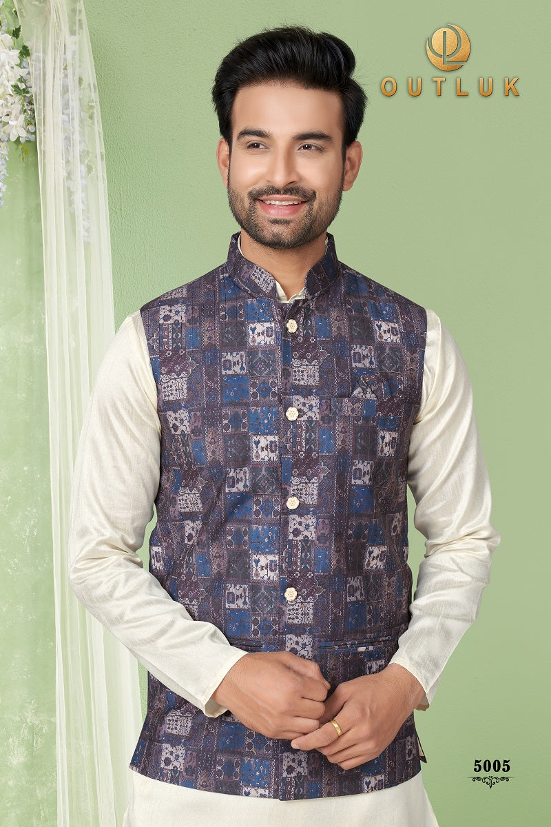 Black And Mix Silk Mens Kurta Pajama with Jackets 5005