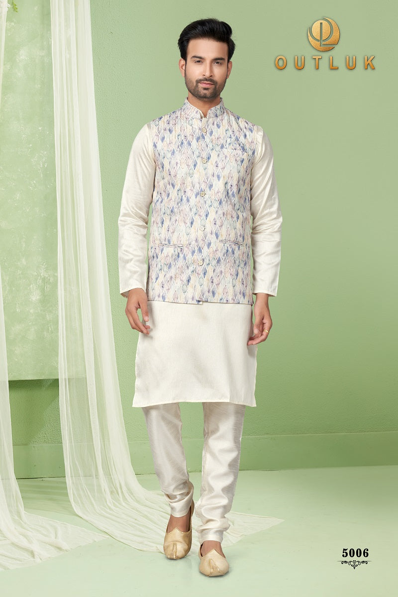 White Silk Mens Kurta Pajama with Jackets 5006