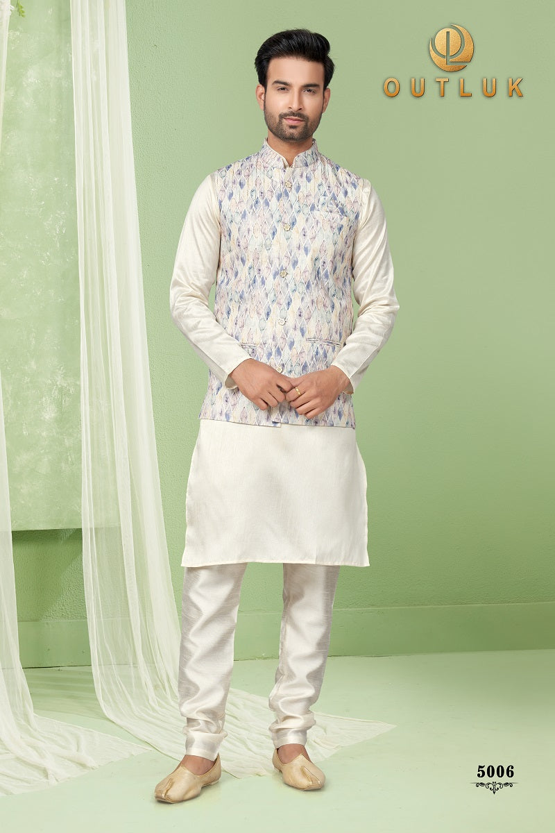 White Silk Mens Kurta Pajama with Jackets 5006