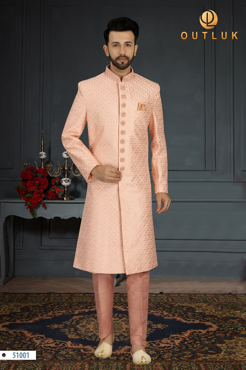 Peach Jacquard Silk Mens Sherwani 51001