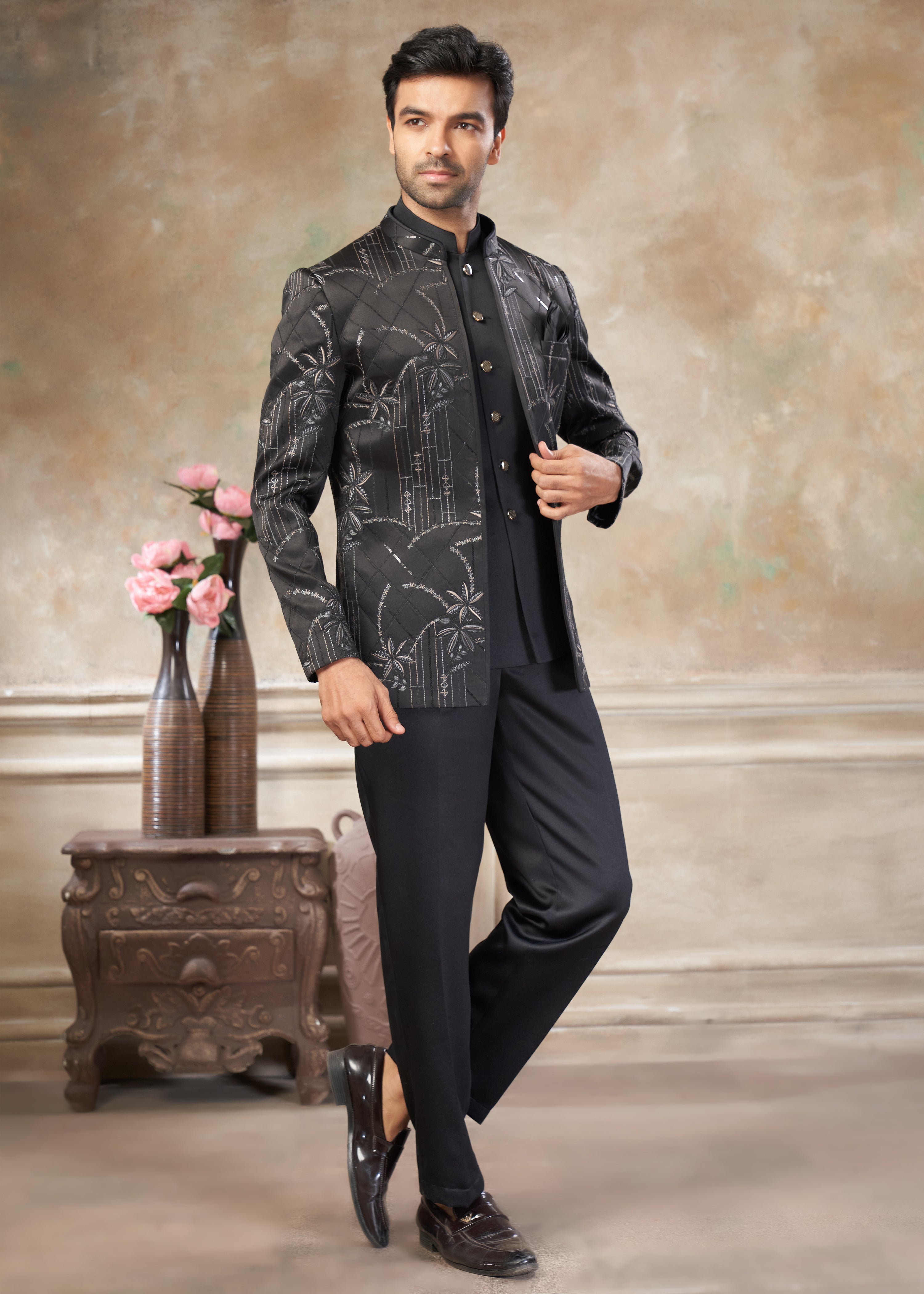 Black color Terry Rayon with embroidery Menswear jhodhpuri 51002