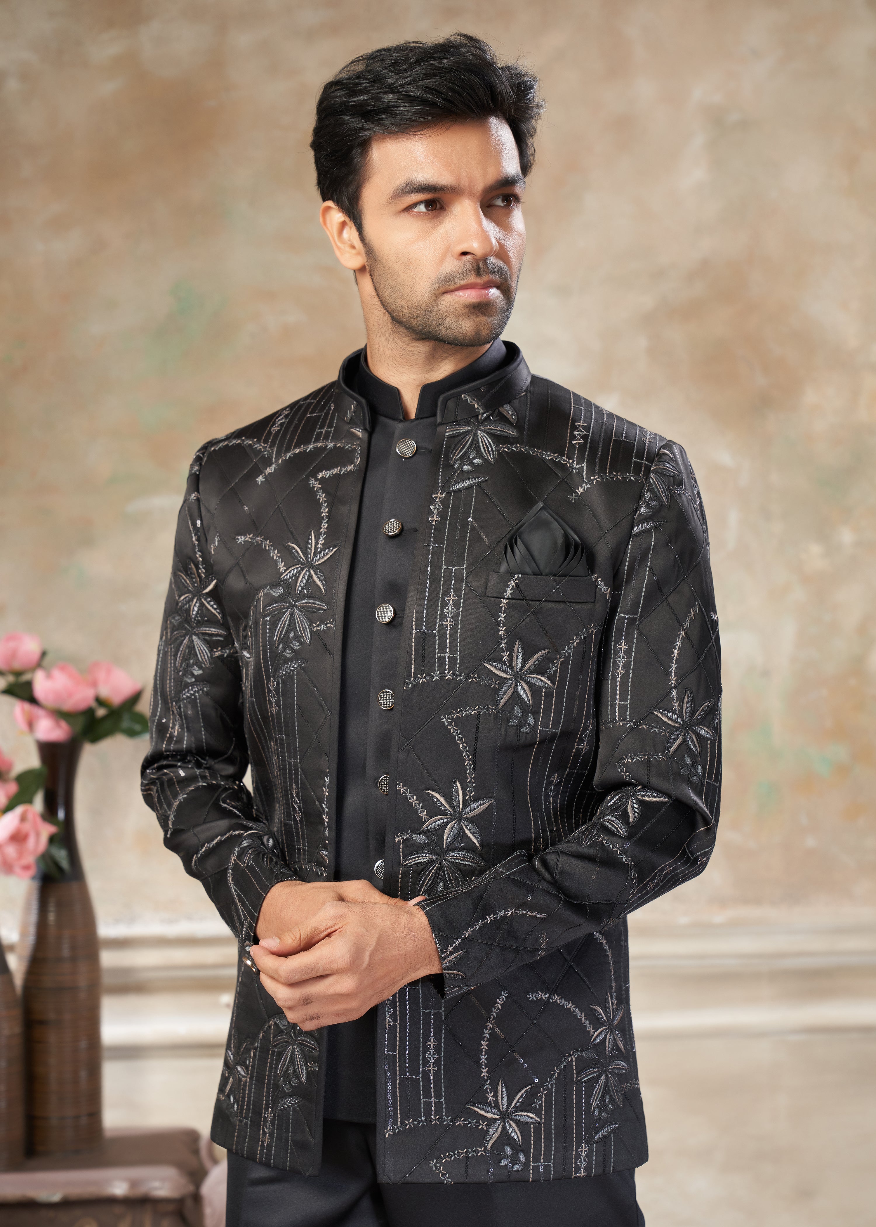 Black color Terry Rayon with embroidery Menswear jhodhpuri 51002