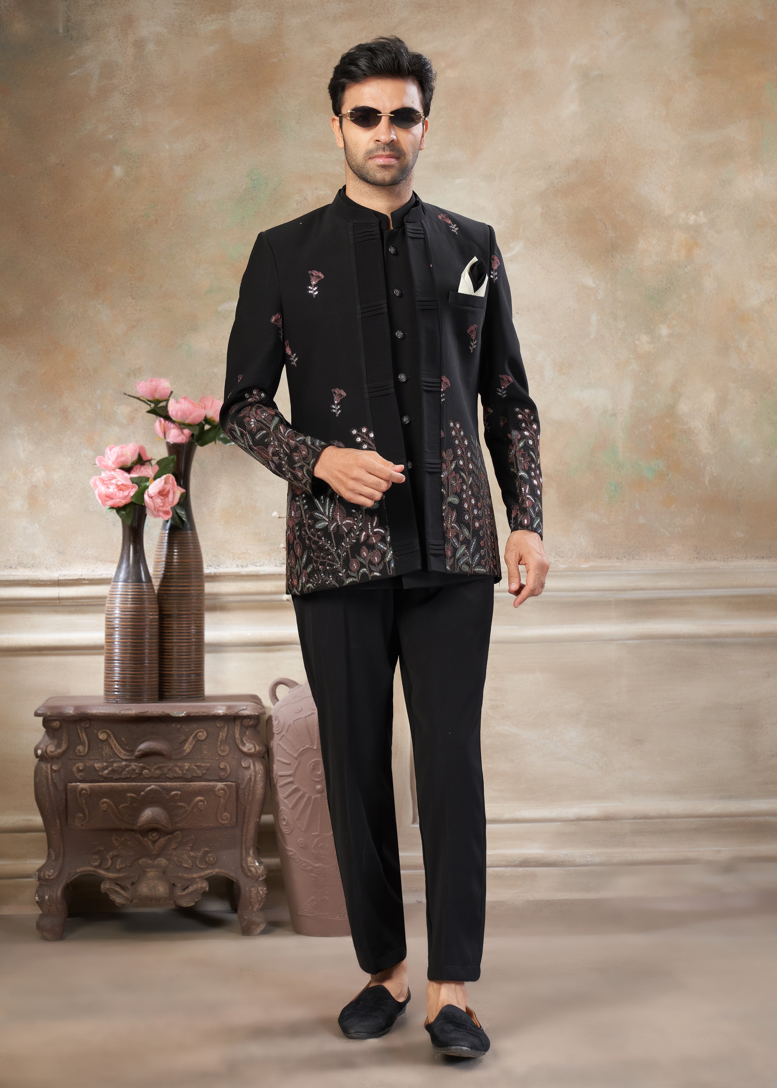 Black color Terry Rayon with embroidery Menswear jhodhpuri 51004
