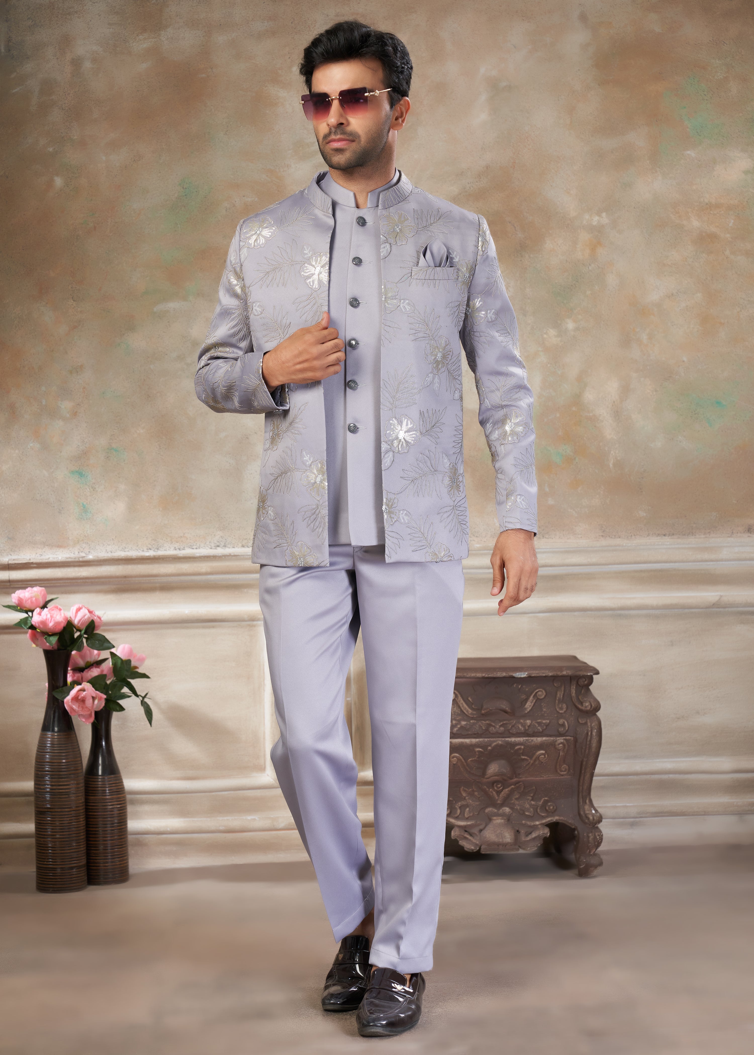 Grey color Terry Rayon with embroidery Menswear jhodhpuri 51005