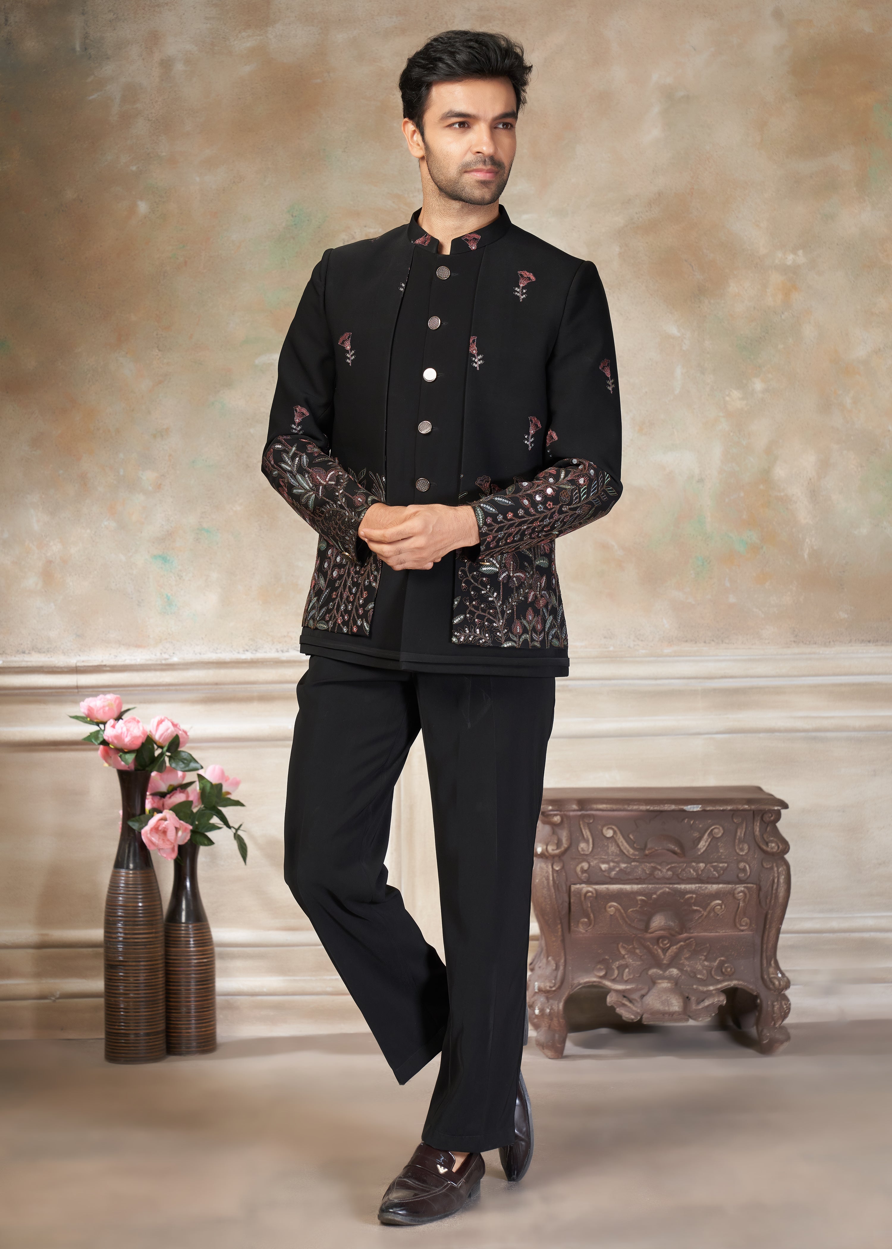 Black color Terry Rayon with embroidery Menswear jhodhpuri 51006
