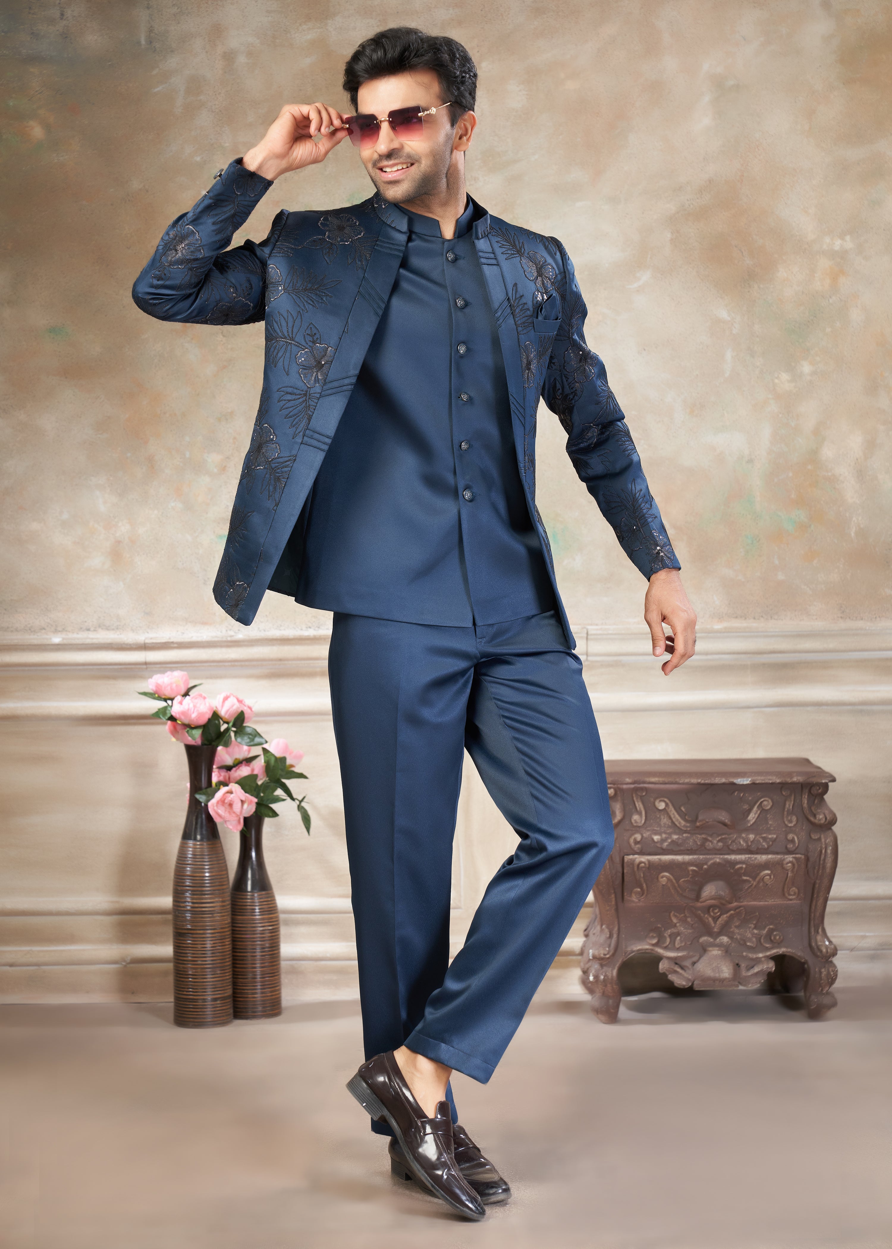 Navy Blue color Terry Rayon with embroidery Menswear jhodhpuri 51007