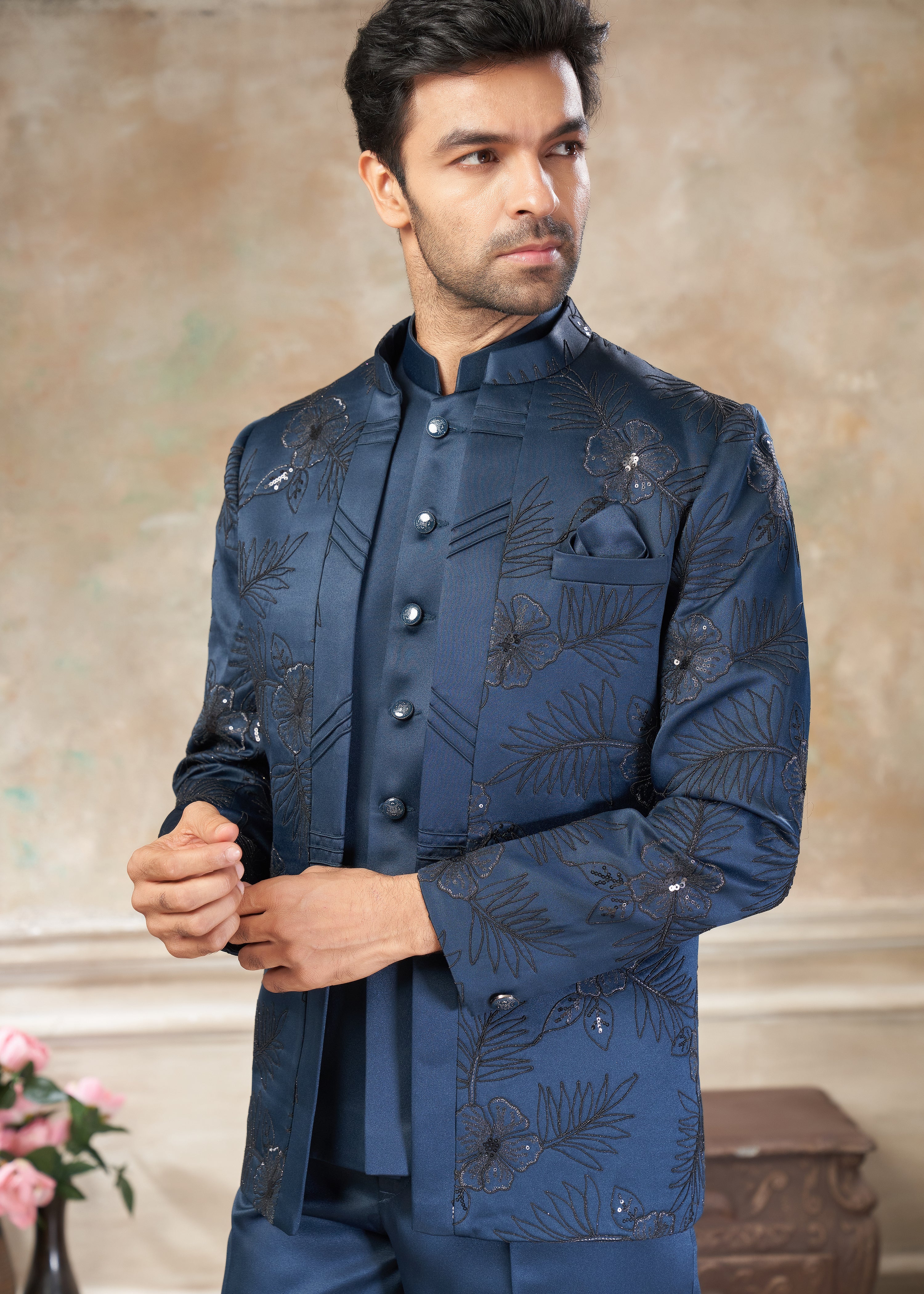 Navy Blue color Terry Rayon with embroidery Menswear jhodhpuri 51007