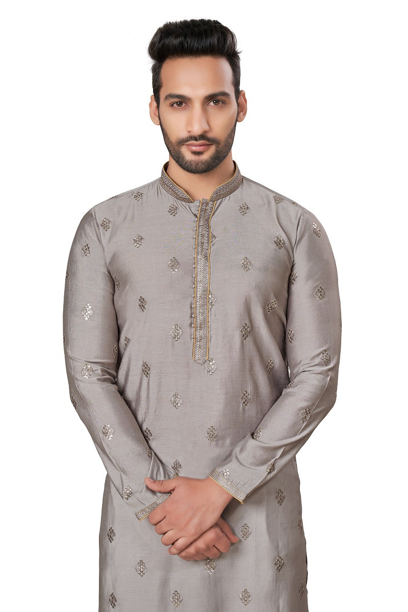 Gray Cotton Silk Mens Kurta Pajama 128005