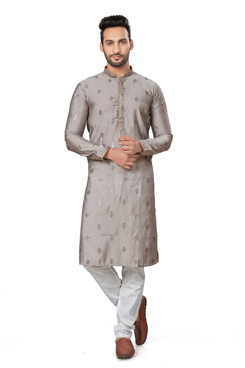 Gray Cotton Silk Mens Kurta Pajama 128005