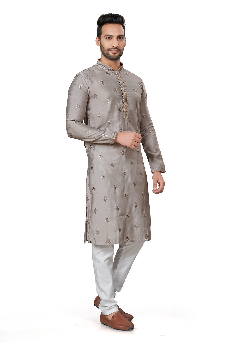 Gray Cotton Silk Mens Kurta Pajama 128005