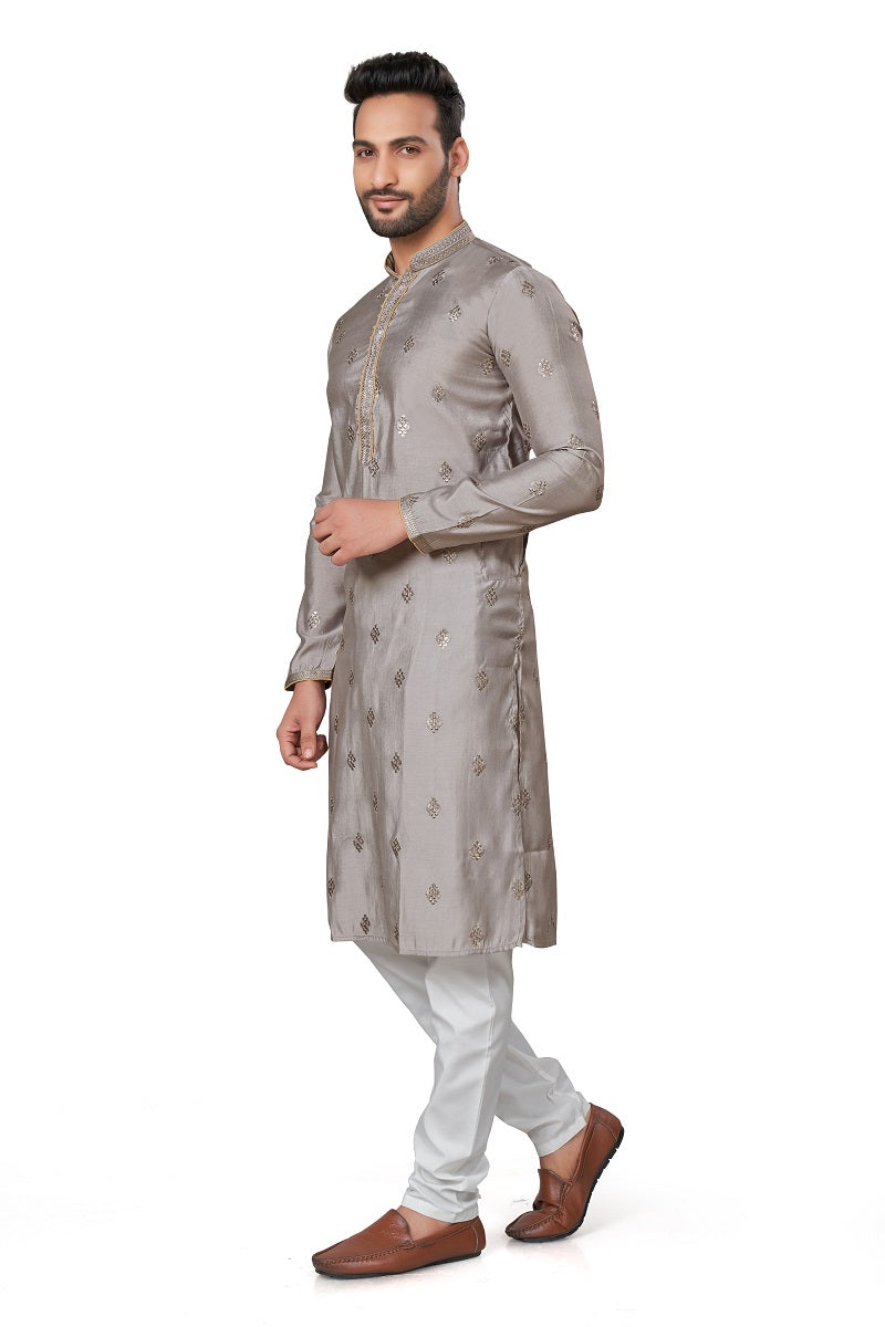 Gray Cotton Silk Mens Kurta Pajama 128005