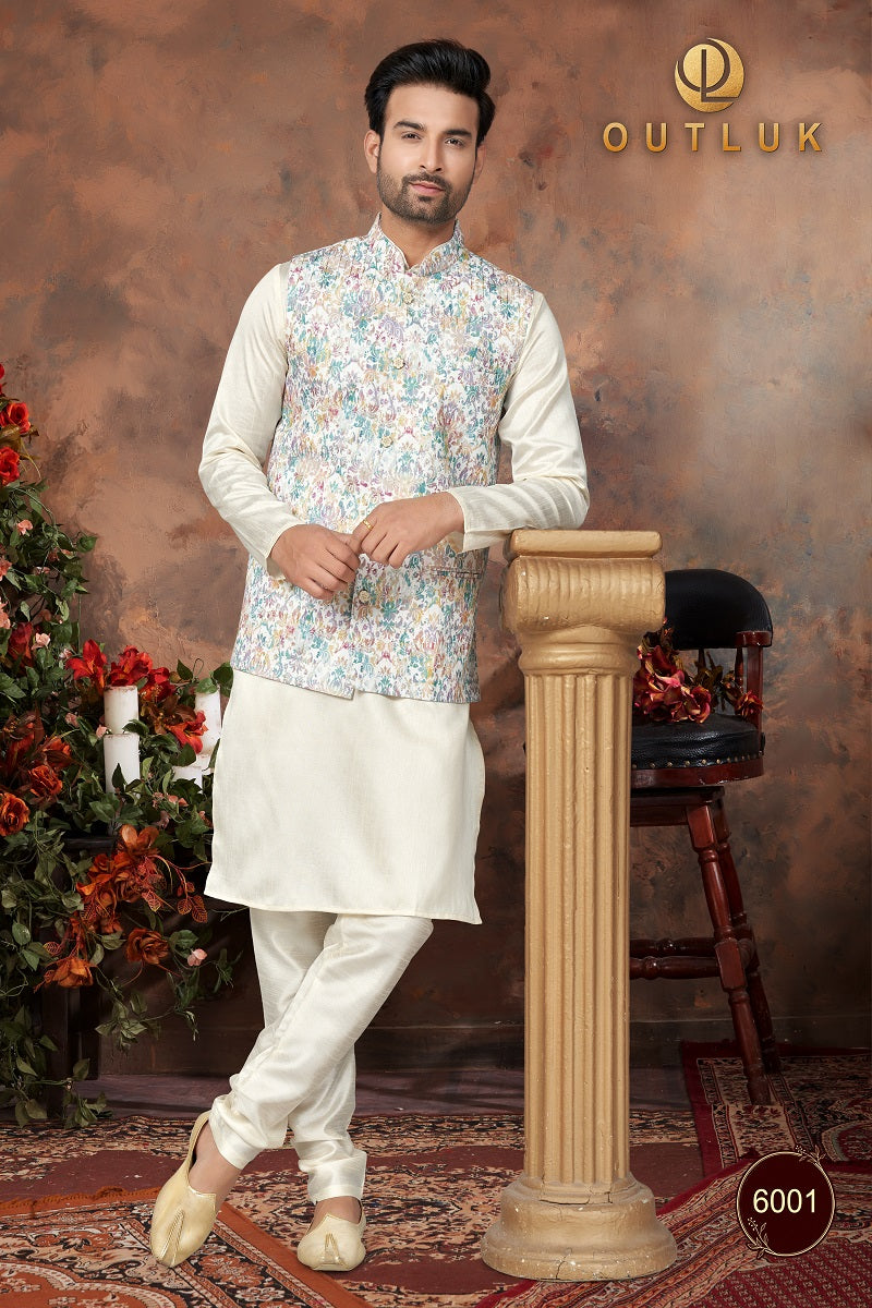 White Silk Mens Kurta Pajama with Jackets 6001