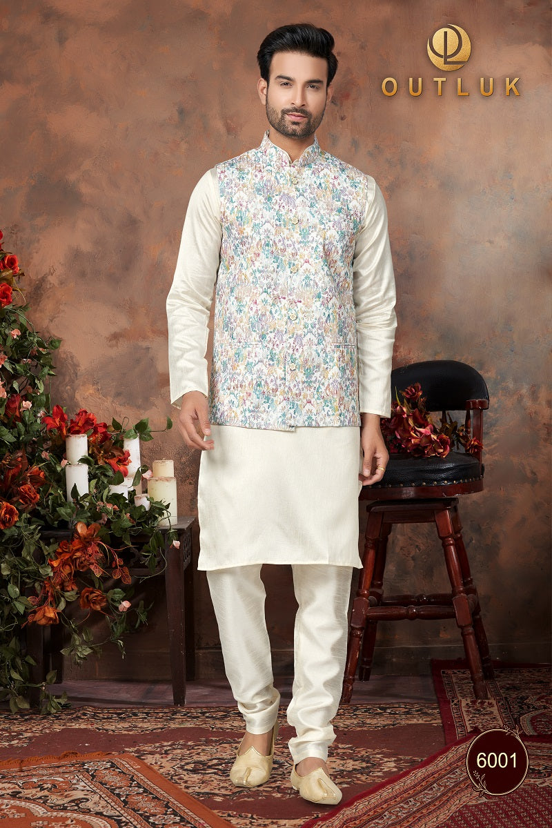 White Silk Mens Kurta Pajama with Jackets 6001