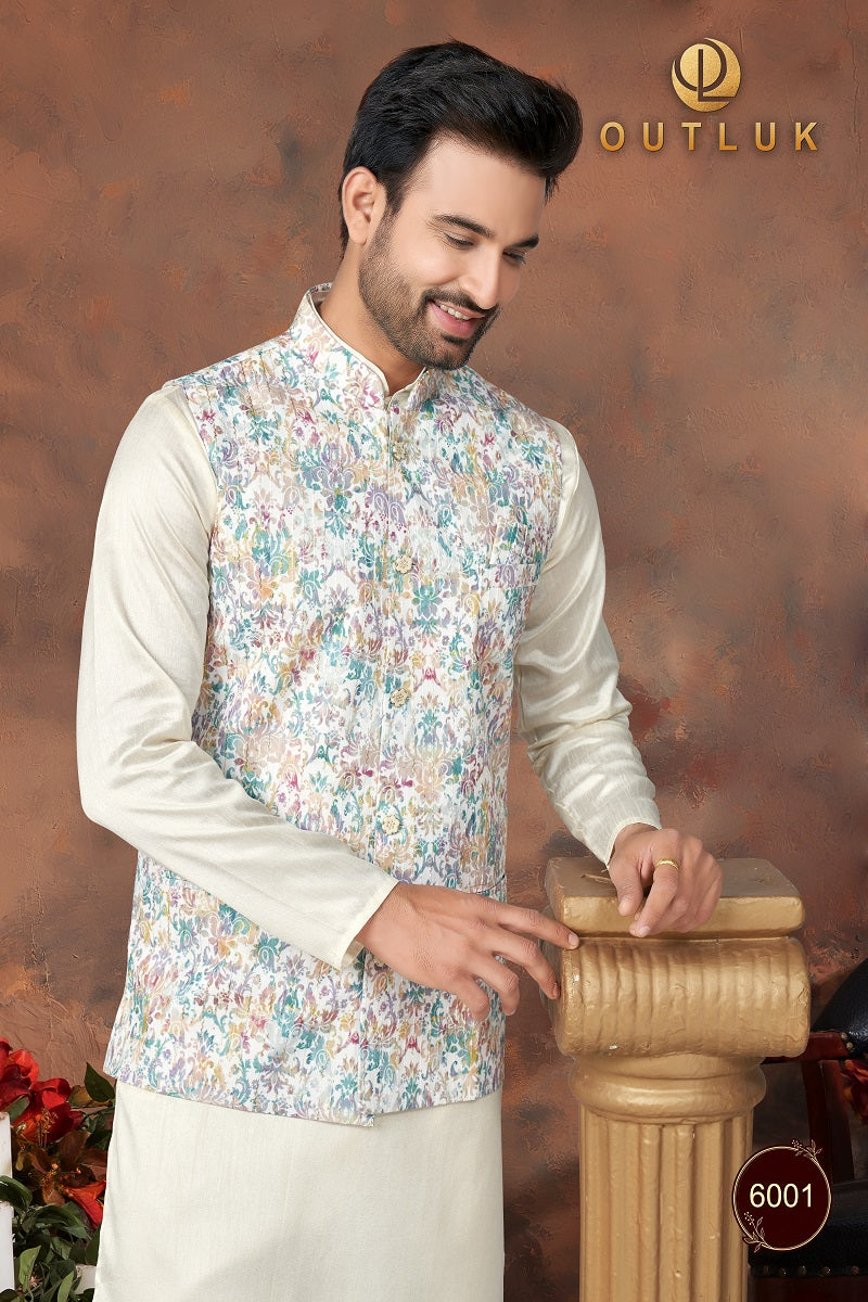 White Silk Mens Kurta Pajama with Jackets 6001