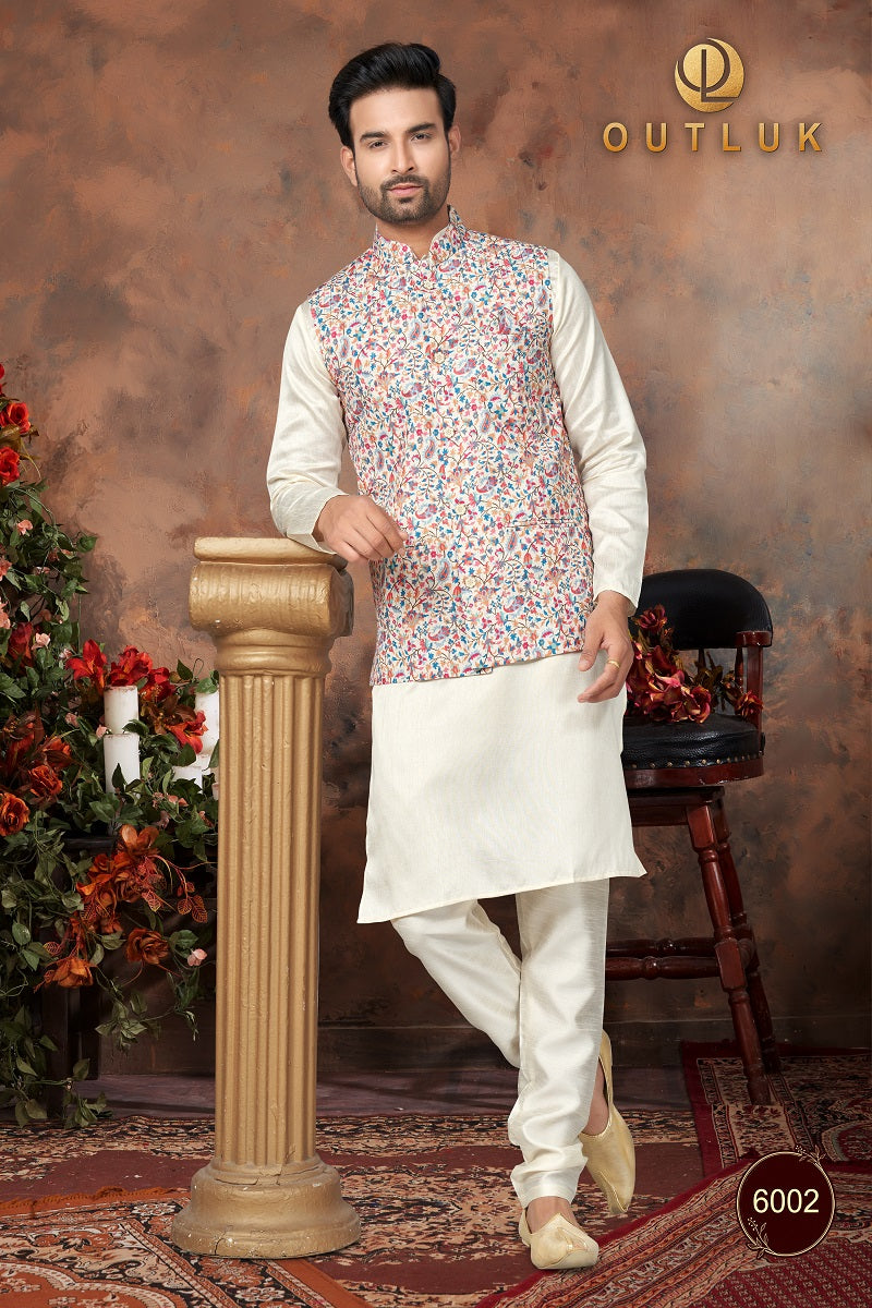 Off White Silk Mens Kurta Pajama with Jackets 6002