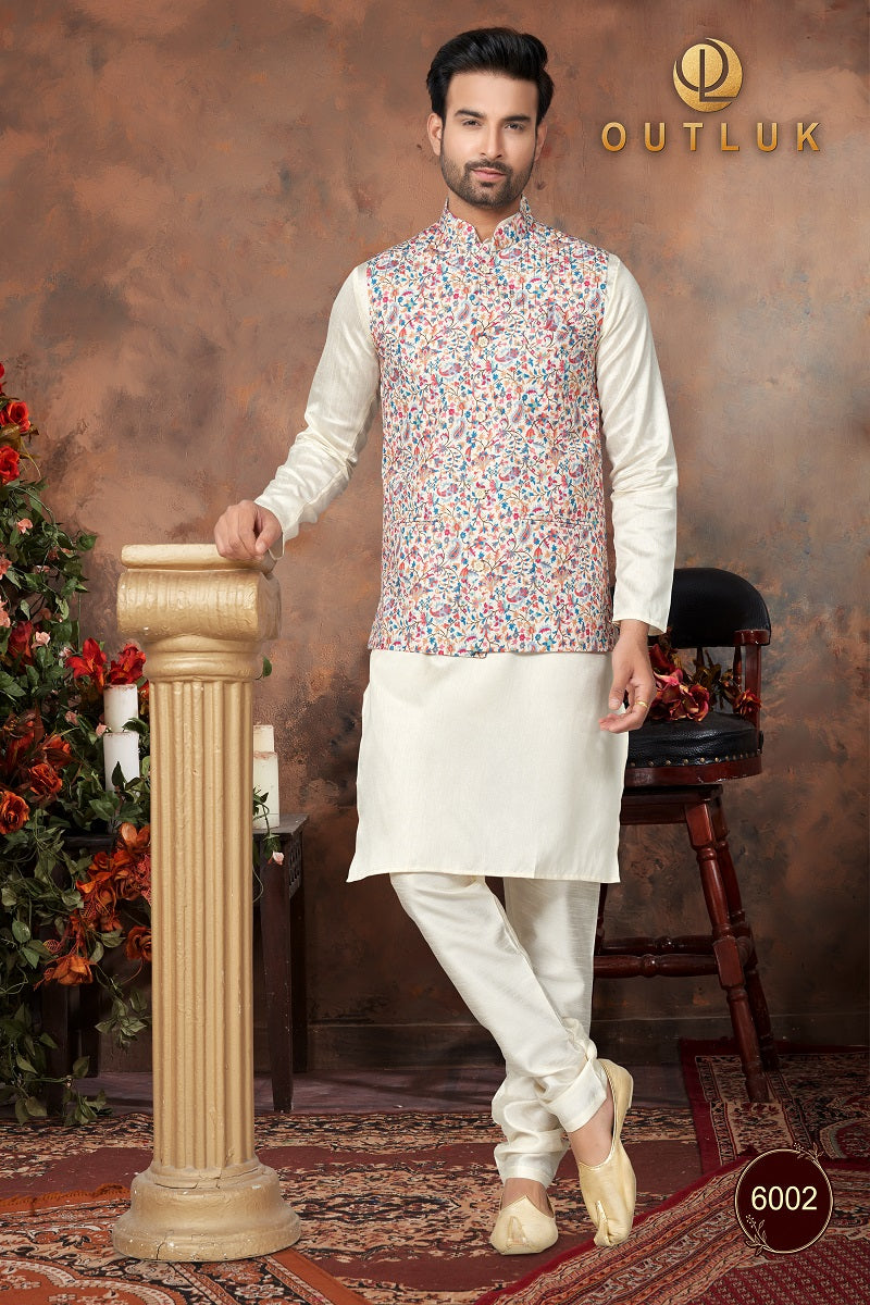 Off White Silk Mens Kurta Pajama with Jackets 6002