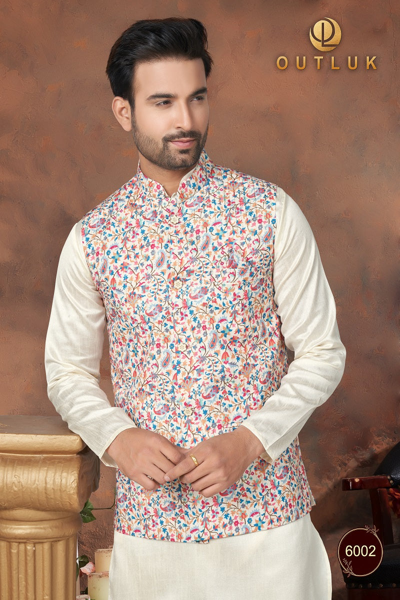 Off White Silk Mens Kurta Pajama with Jackets 6002