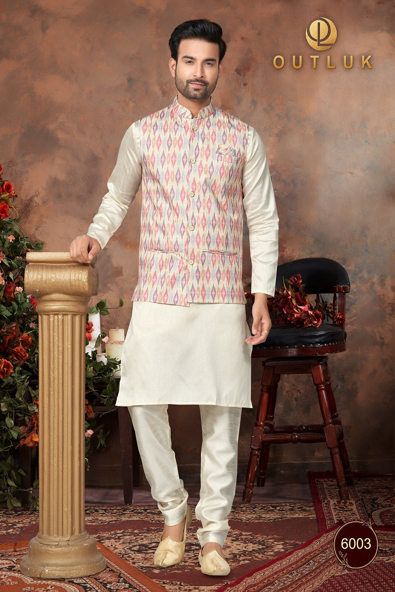 Peach And Multi Silk Mens Kurta Pajama with Jackets 6003