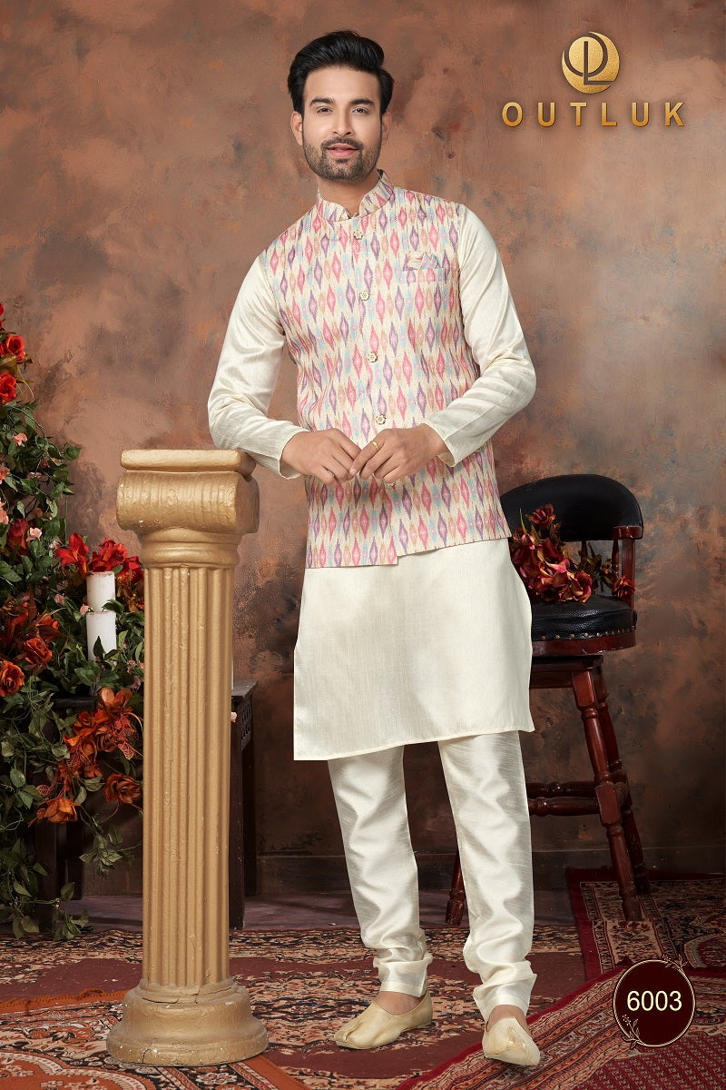 Peach And Multi Silk Mens Kurta Pajama with Jackets 6003