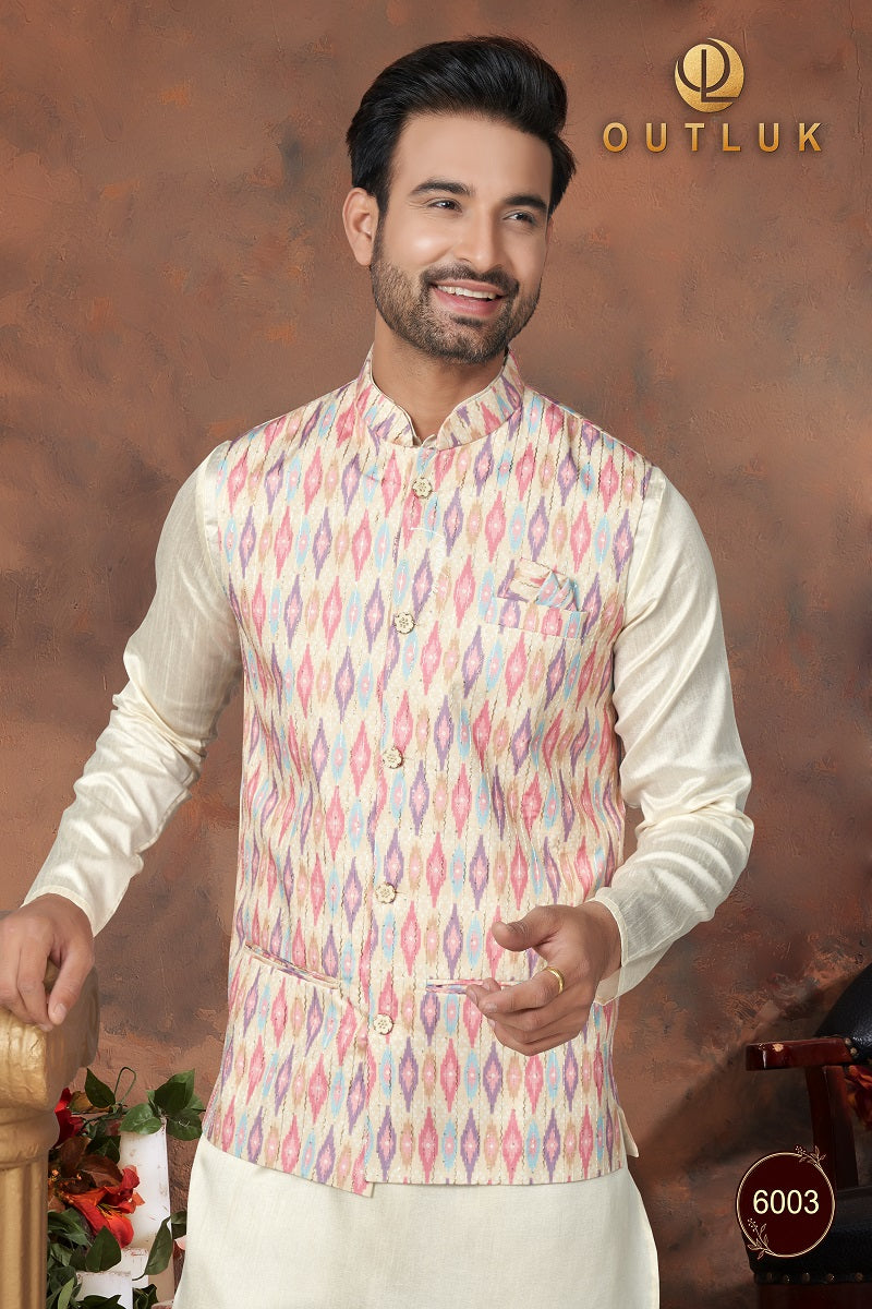 Peach And Multi Silk Mens Kurta Pajama with Jackets 6003