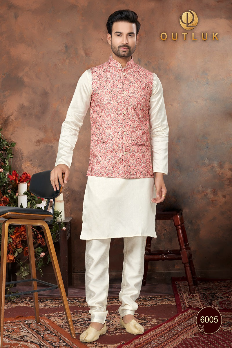 Peach Silk Mens Kurta Pajama with Jackets 6005