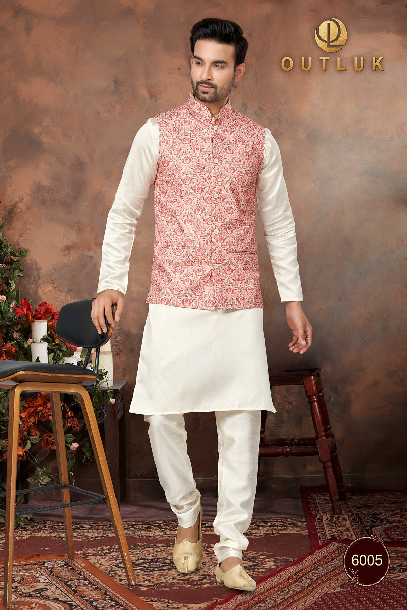 Peach Silk Mens Kurta Pajama with Jackets 6005