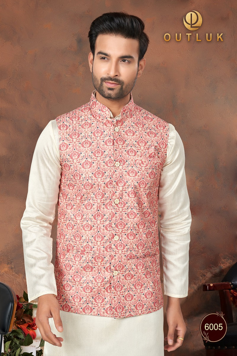 Peach Silk Mens Kurta Pajama with Jackets 6005