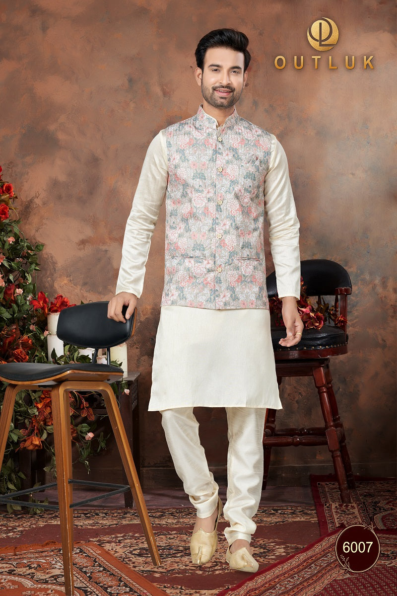 Grey Silk Mens Kurta Pajama with Jackets 6007