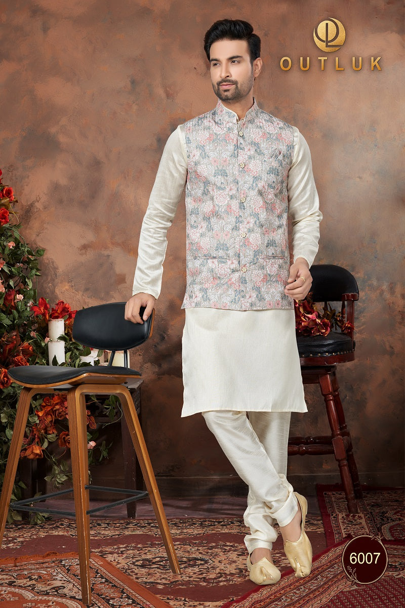 Grey Silk Mens Kurta Pajama with Jackets 6007