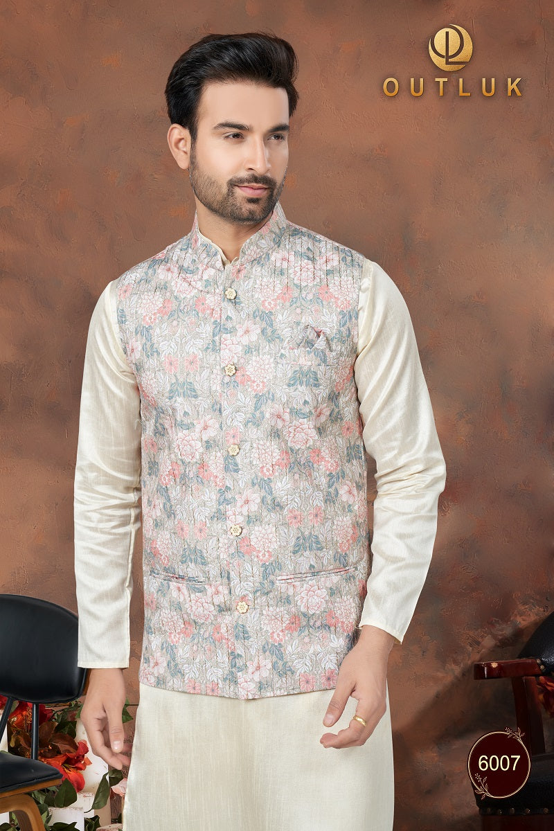 Grey Silk Mens Kurta Pajama with Jackets 6007