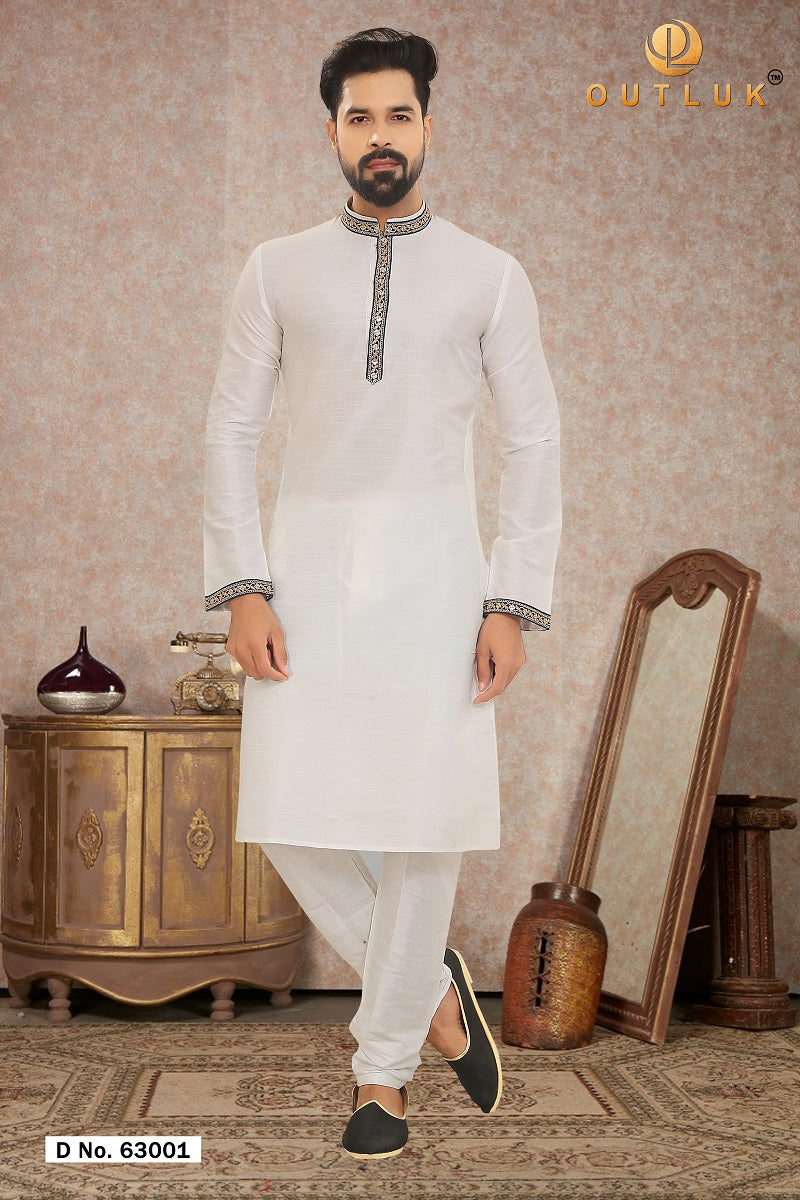 White Dupion Silk Mens Kurta Pajama 63001