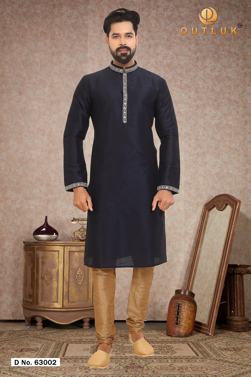 Dark Navy Blue Dupion Silk Mens Kurta Pajama 63002