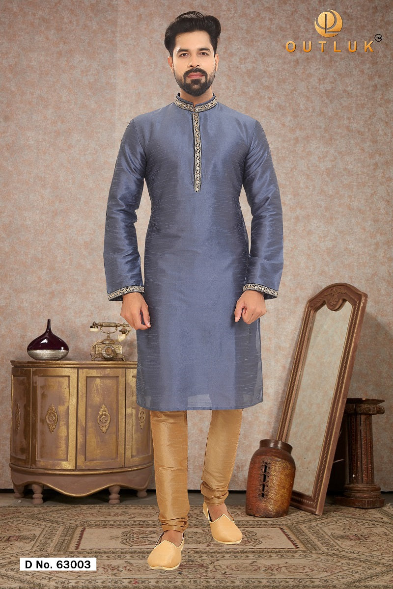 Grey blue Dupion Silk Mens Kurta Pajama 63003