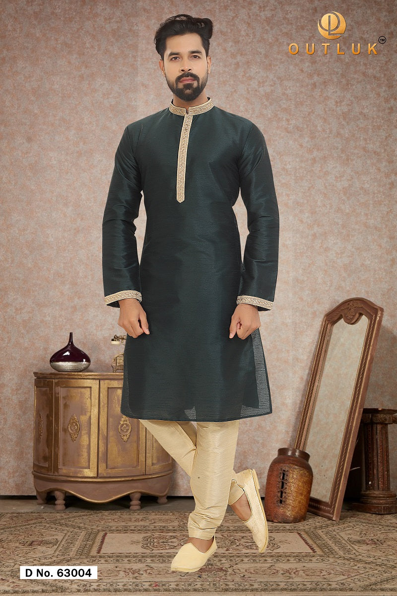 Dark Green Dupion Silk Mens Kurta Pajama 63004