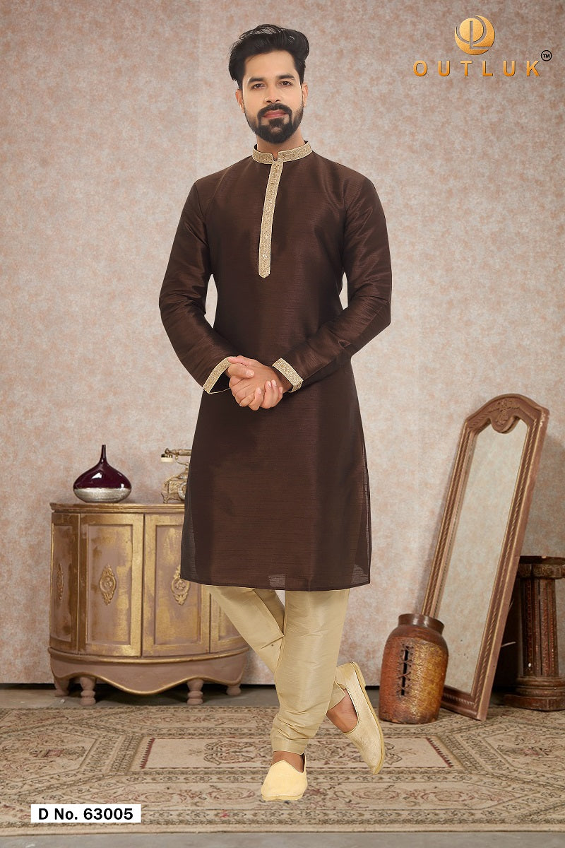 Brown Dupion Silk Mens Kurta Pajama 63005