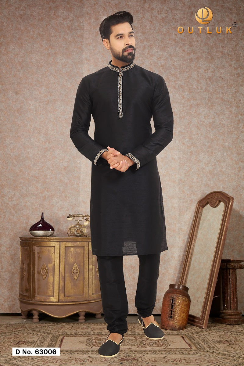 Black Dupion Silk Mens Kurta Pajama 63006