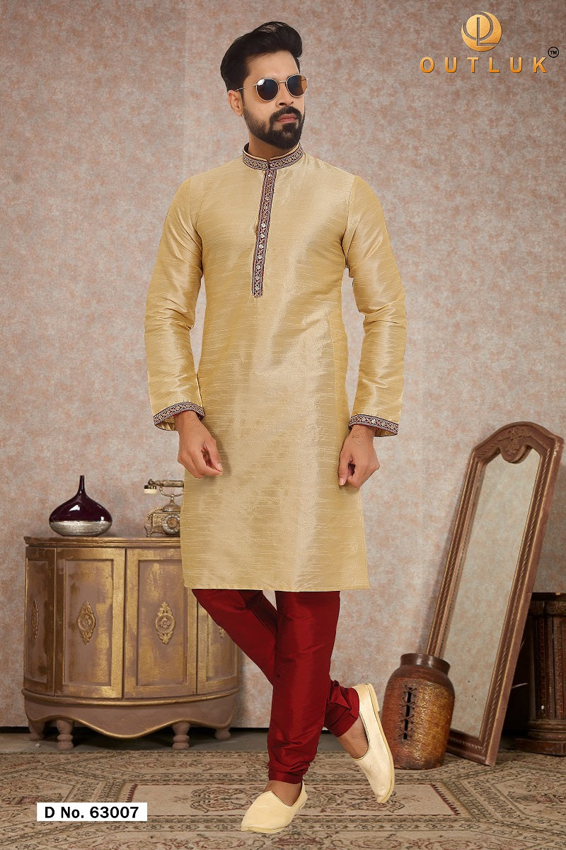 Gold Dupion Silk Mens Kurta Pajama 63007