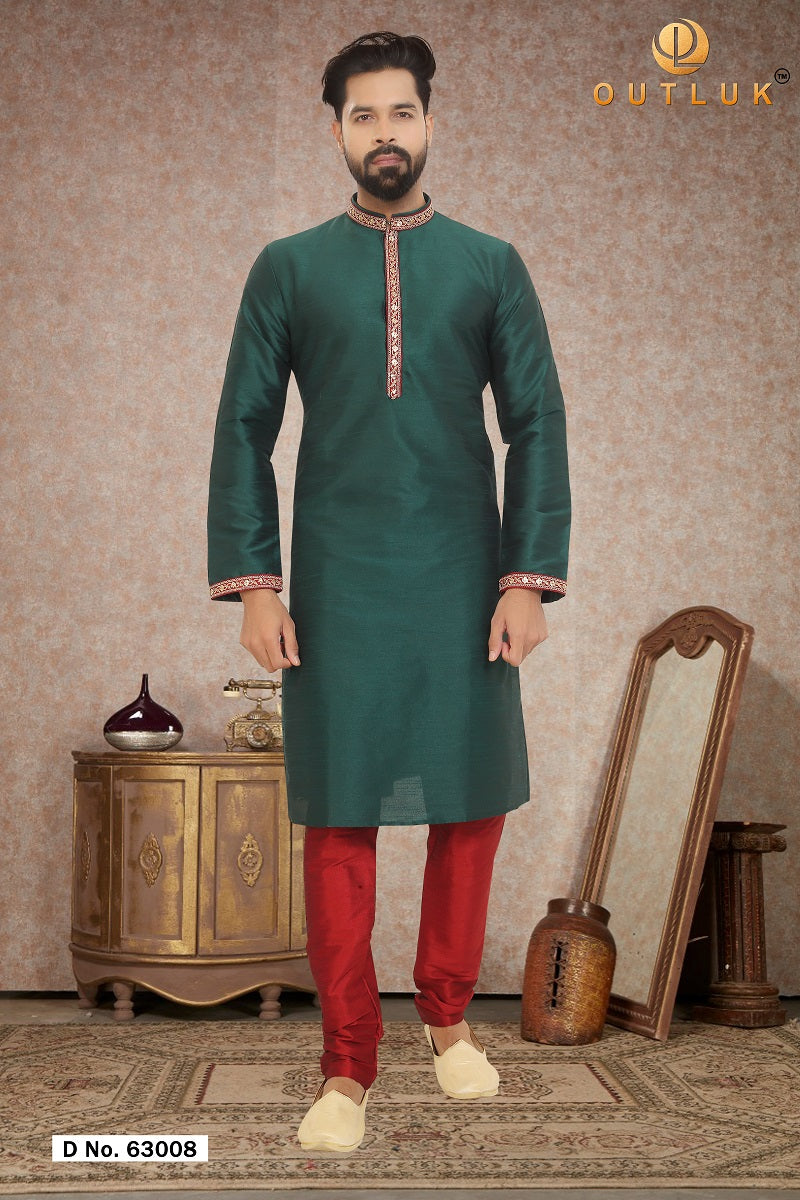 Green Dupion Silk Mens Kurta Pajama 63008