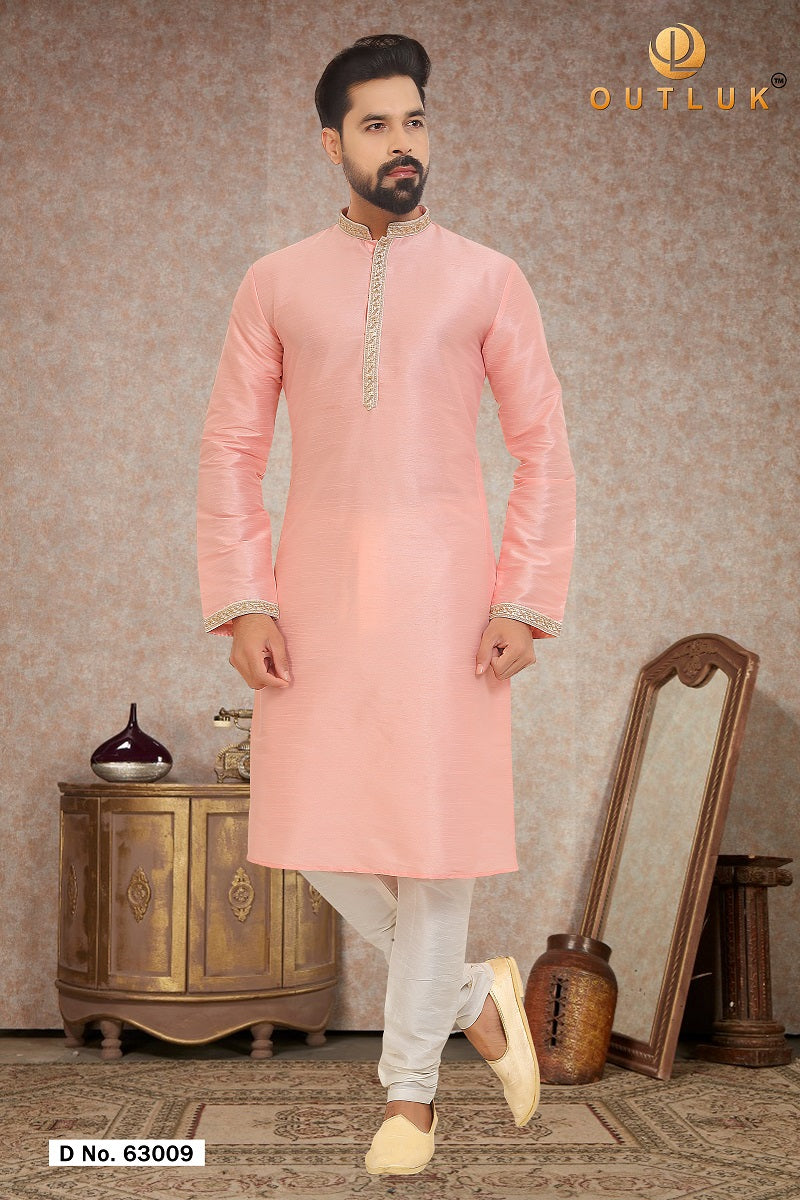 Peach Dupion Silk Mens Kurta Pajama 63009