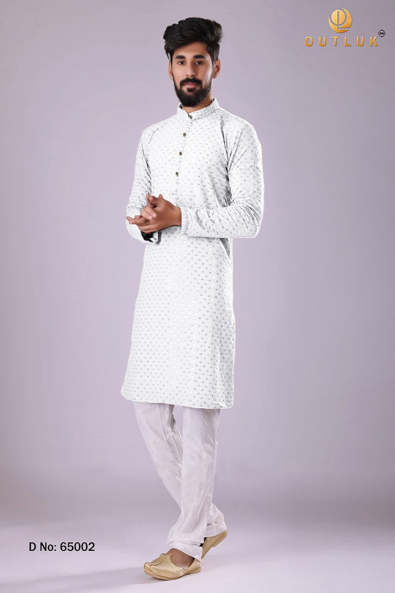 White Rayon Cotton Mens Kurta Pajama 65002