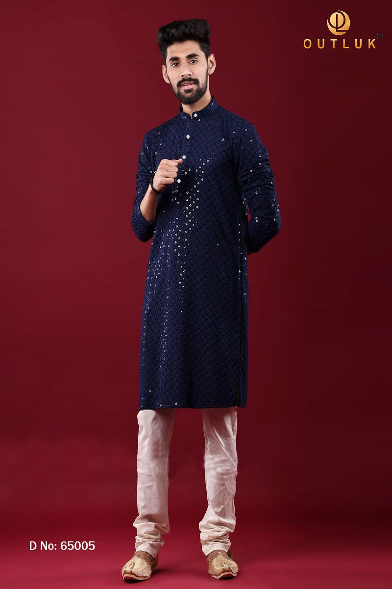 Blue Rayon Cotton Mens Kurta Pajama 65005