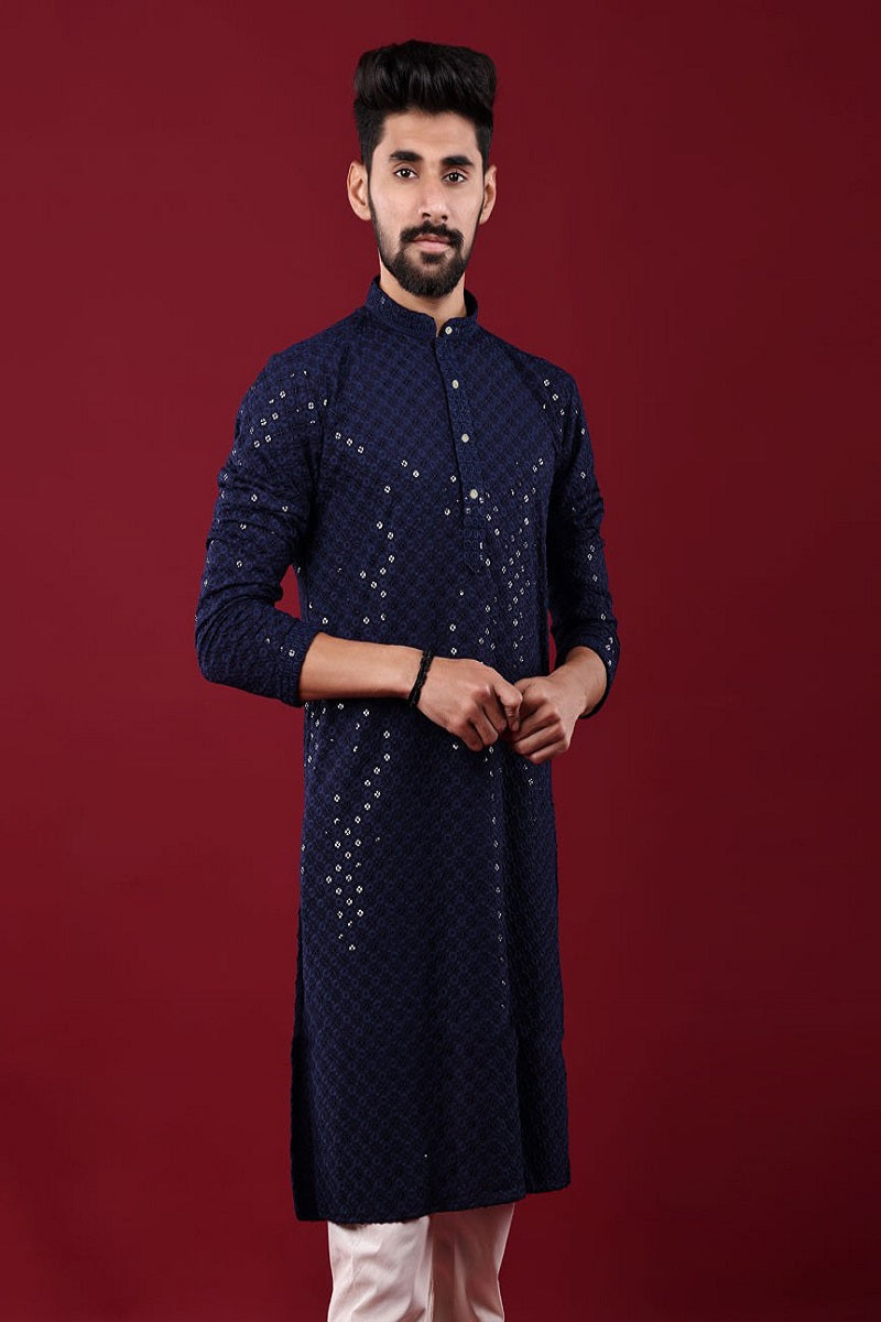 Blue Rayon Cotton Mens Kurta Pajama 65005