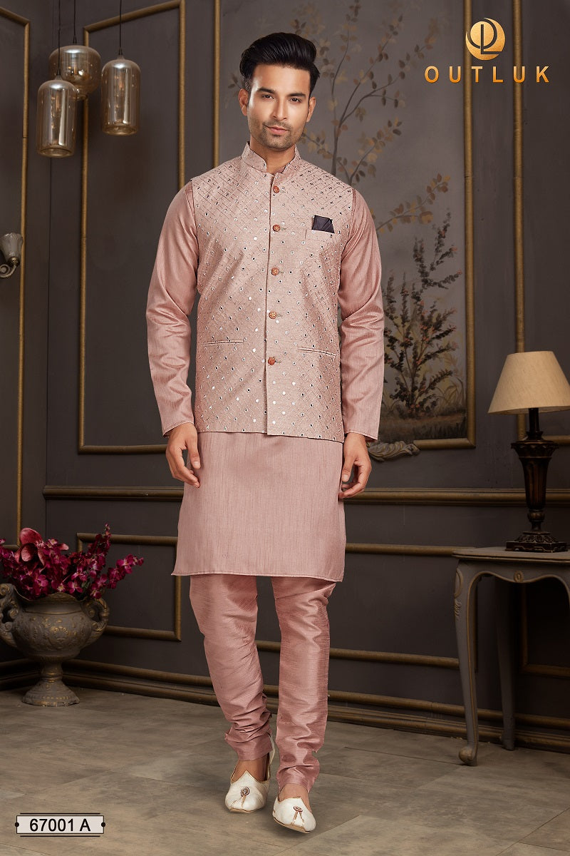 Peach Silk Mastani Mens Kurta Pajama with Jackets 67001 A