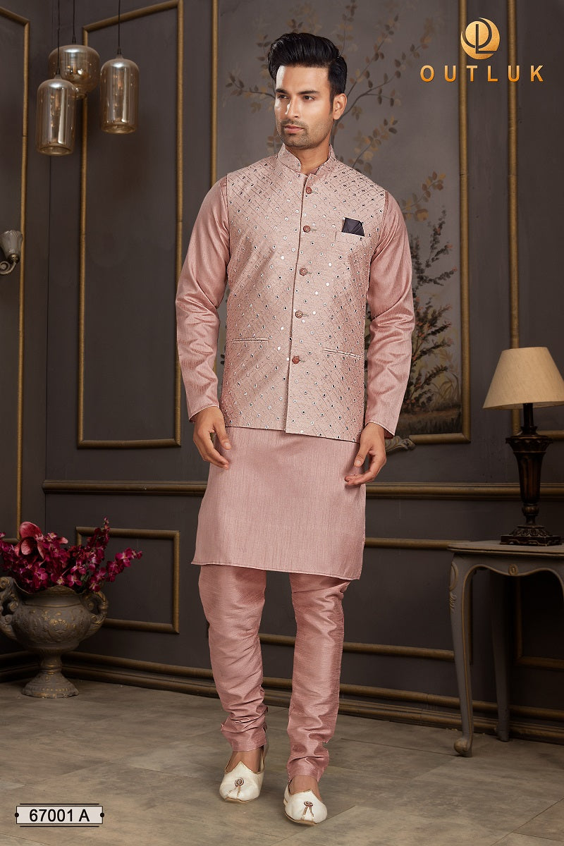 Peach Silk Mastani Mens Kurta Pajama with Jackets 67001 A