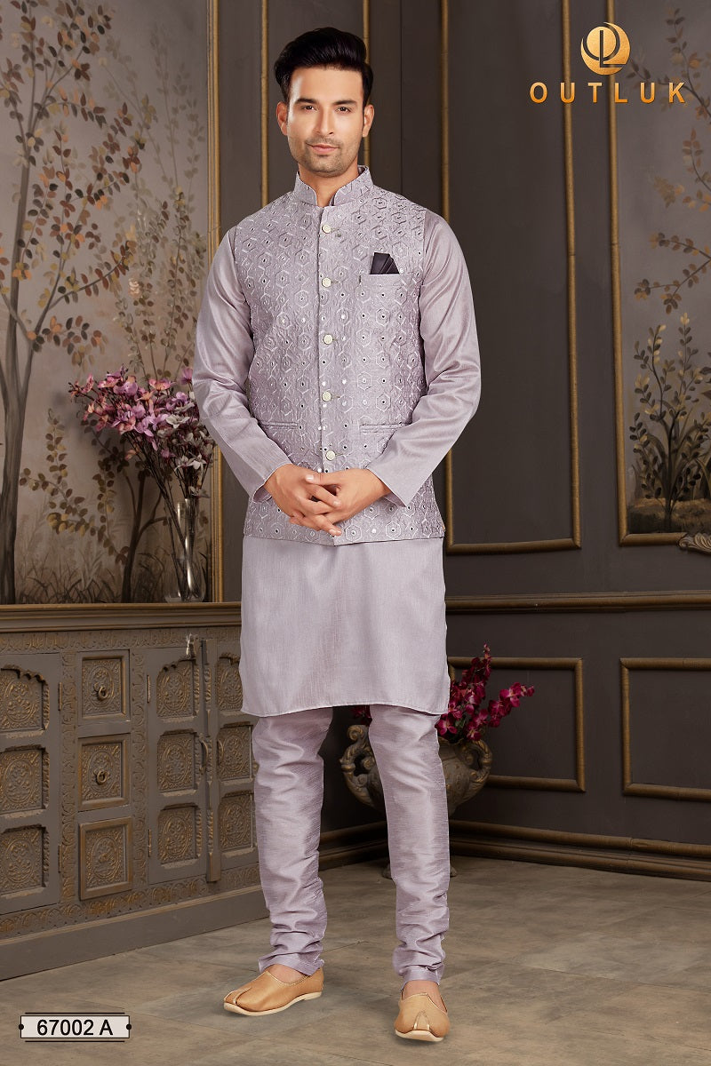 Lavender Silk Mastani Mens Kurta Pajama with Jackets 67002 A