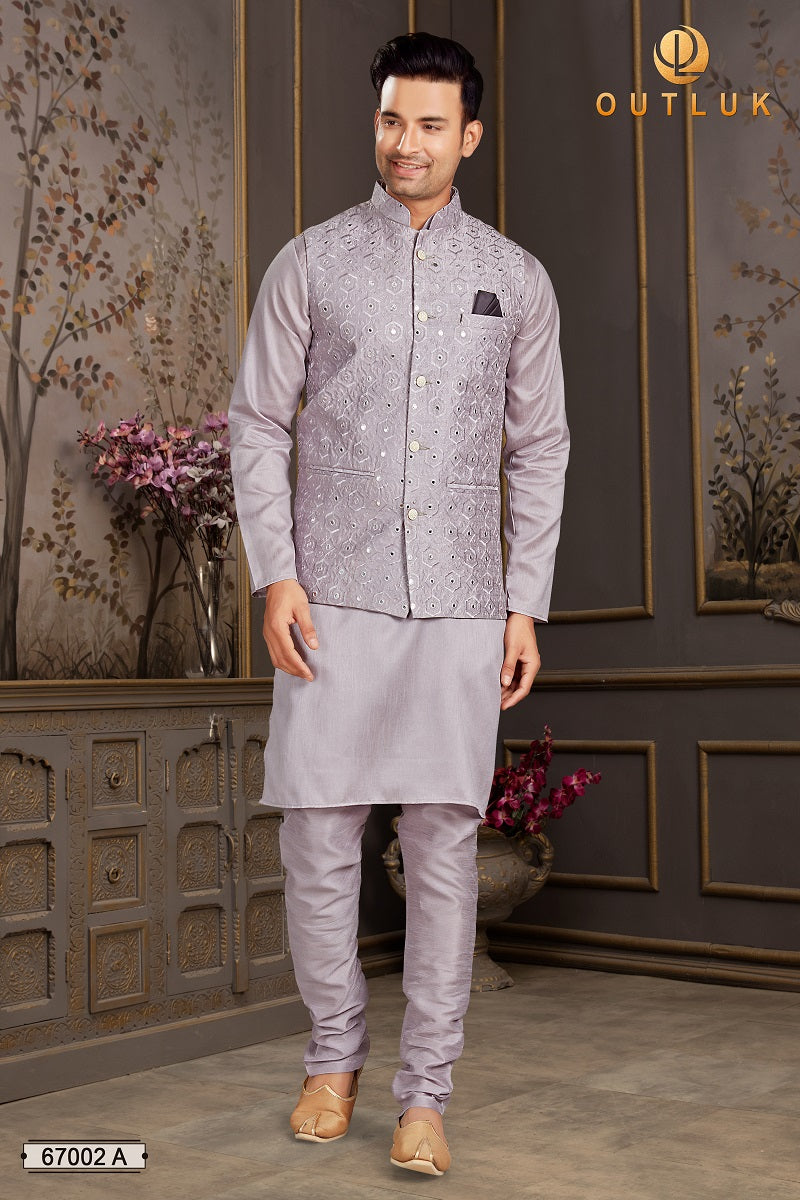 Lavender Silk Mastani Mens Kurta Pajama with Jackets 67002 A