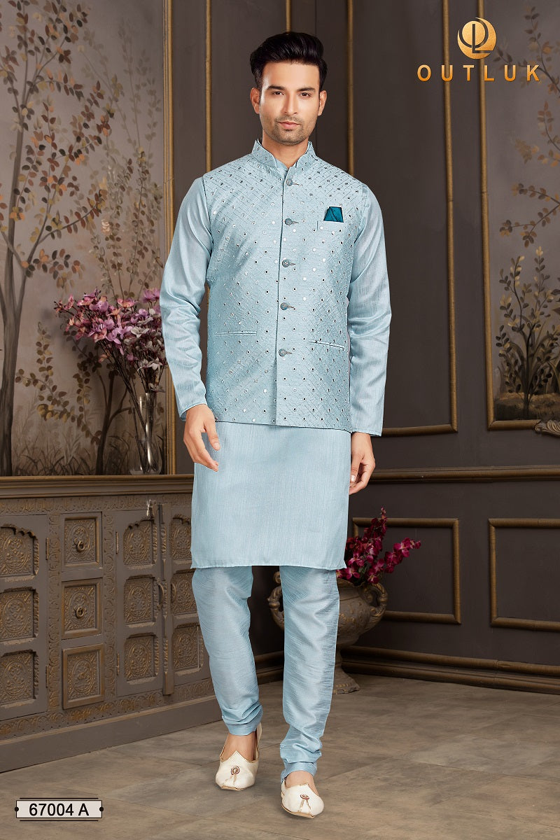 Sky Blue Silk Mastani Mens Kurta Pajama with Jackets 67004 A