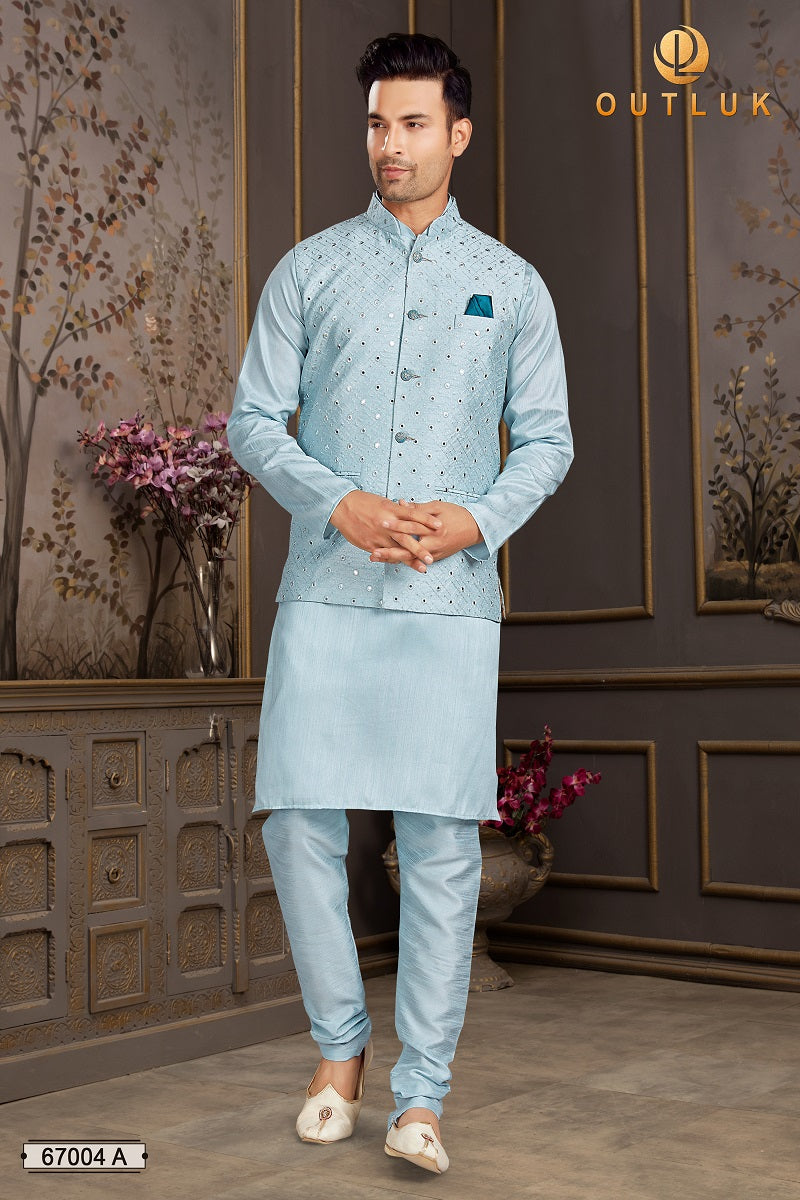 Sky Blue Silk Mastani Mens Kurta Pajama with Jackets 67004 A