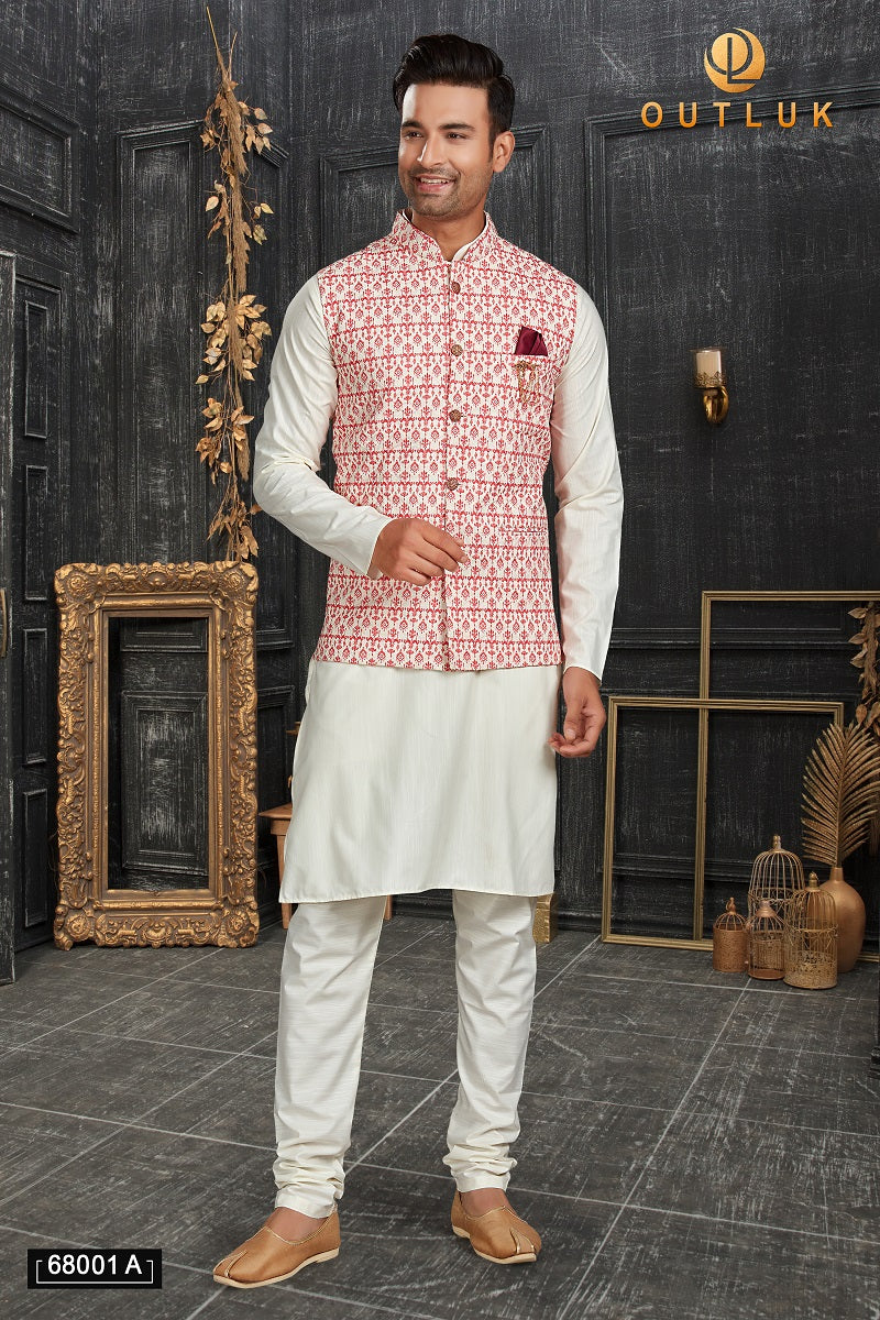 White Cotton Mens Kurta Pajama with Jackets 68001 A