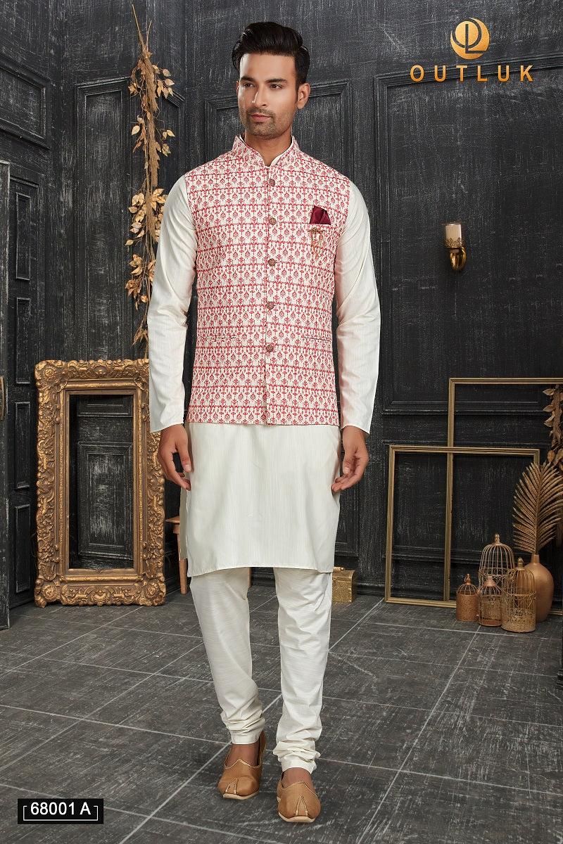 White Cotton Mens Kurta Pajama with Jackets 68001 A